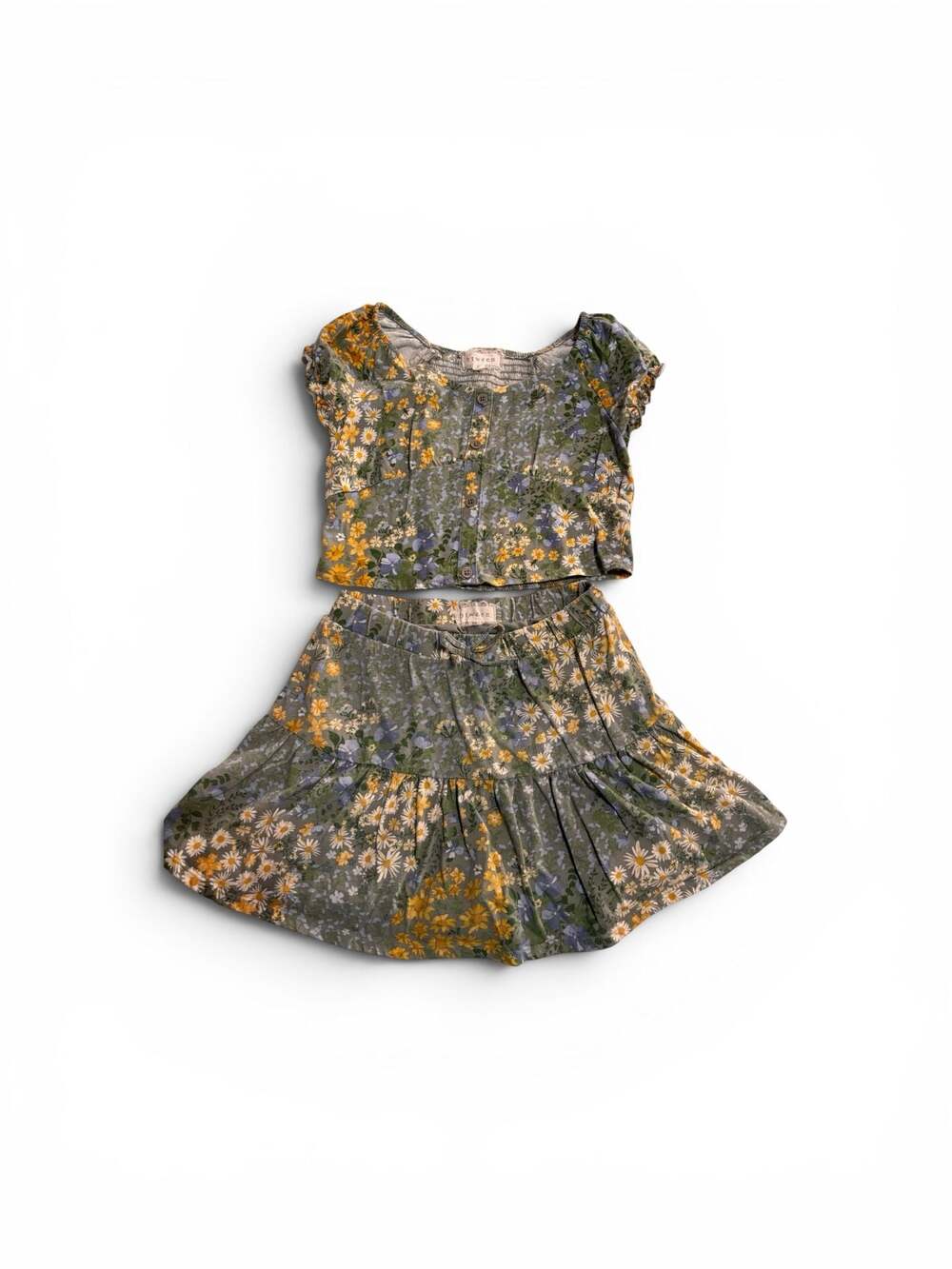 btween Girls Floral Smocked Button-Down Crop Top and Tiered Mini Skirt Set